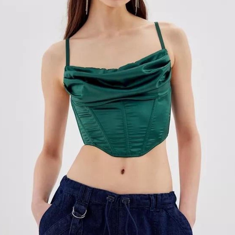 Urban Outfitters | Emerald Satin cowl neck corset crop top